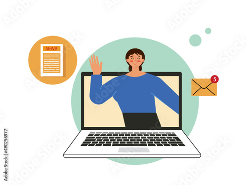 Online woman learning concept. Women greet with files and active messages. Ai vector illustration	