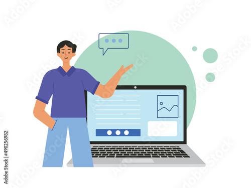 Businessman presenting his work with laptop. Technology, comment, communication concept. Ai vector illustration	