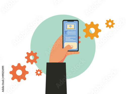 Hand holding cell phone for using web app. People using the handphone touchscreen. Blogger vector illustration	