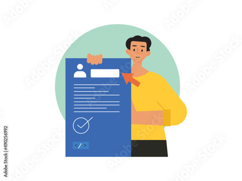 A man holding a document containing qualification person. CV document design concept. Ai vector illustration	