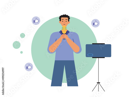 A man vlogger is creating content with handphone and tripod. Ai vector illustration	