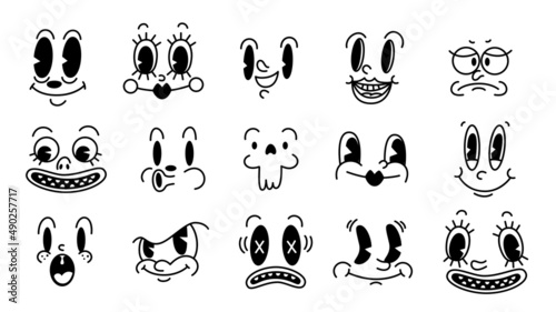 Retro 30s cartoon and comics characters faces. Traditional emotions vector elements. Vintage characters creator for trending illustration.