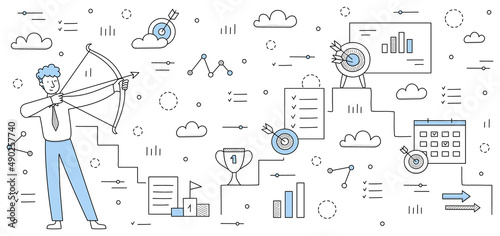 Business goal, tenacity, successful market strategy concept. Businessman aiming with bow into darts target. Aim achievement mission, opportunity, challenge, task solution Line art vector illustration