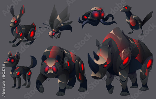 Robots animals, robotics mechanical monsters. Evil cyborgs pets hare, eagle, wasp, octopus, magpie, dog, bear and rhino with red glowing eyes and mechanical body. Cartoon predators machines Vector set