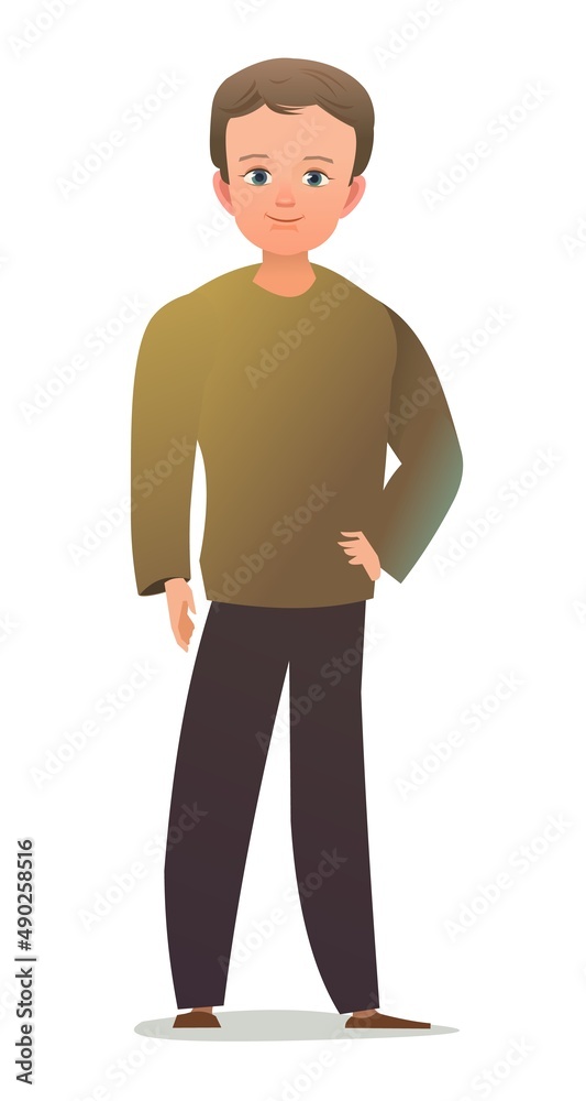 Handsome little boy in pants and sweater. Cheerful middle aged teen. Cheerful person. Standing pose. Cartoon comic flat design. Single character. Illustration isolated on white background. Vector Handsome little boy in pants and sweater. Cheerful middle aged teen. Cheerful person. Standing pose. Cartoon comic flat design. Single character. Illustration isolated on white background. Vector