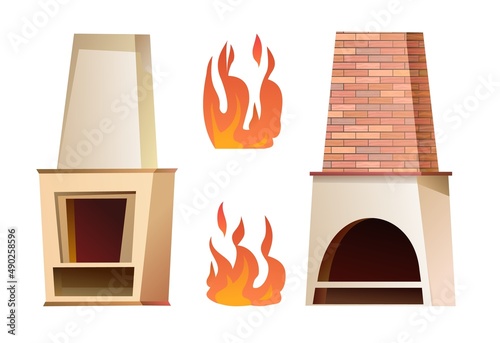 Set of Fireplace with chimney and mantel for living room. Antique oven for baking by fire. House hearth home. Cartoon style. Object isolated on white background. Vector