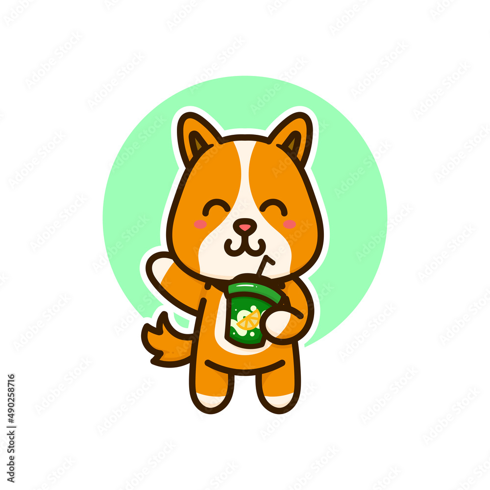 happy dog cute drink orange juice adorable cartoon doodle vector illustration flat design style happy dog cute drink orange juice adorable cartoon doodle vector illustration flat design style