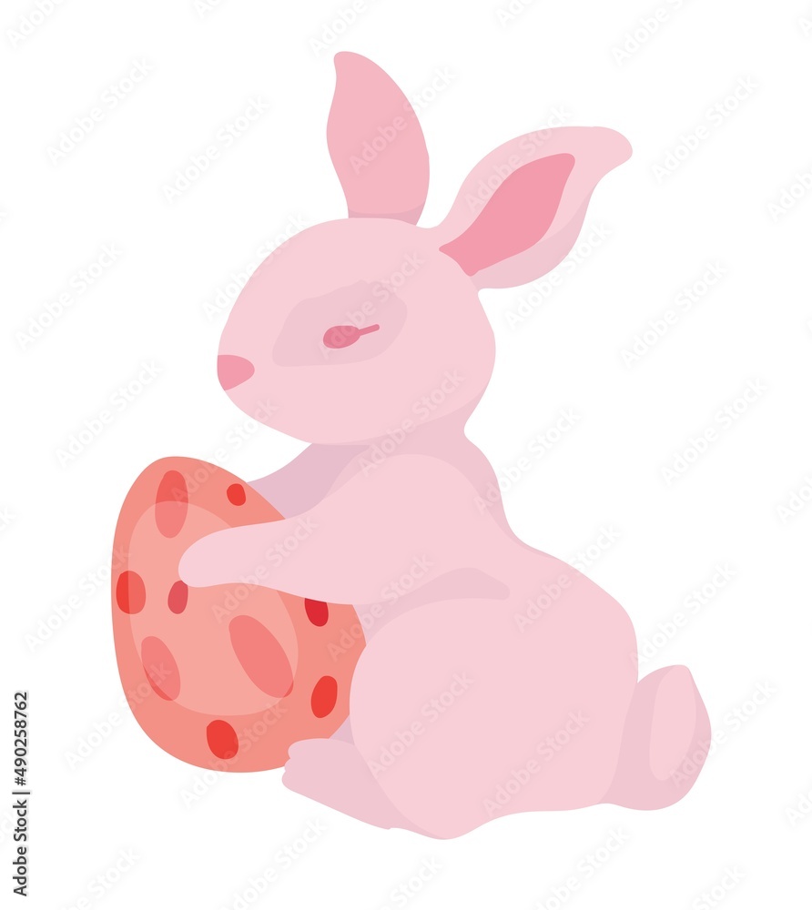 Cute pink bunny with a painted Easter egg. Easter holiday greeting card design. Vector isolated colorful element. Cute pink bunny with a painted Easter egg. Easter holiday greeting card design. Vector isolated colorful element.