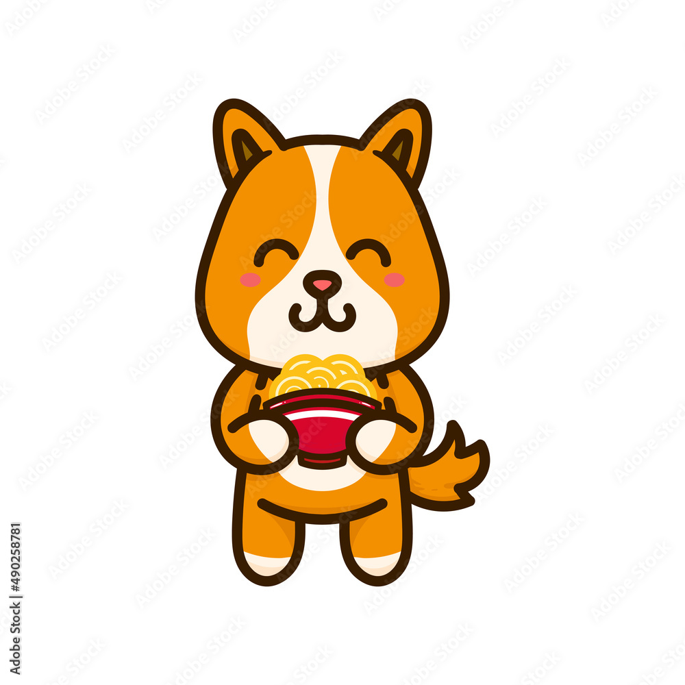 happy dog cute eat noodle adorable cartoon doodle vector illustration flat design style happy dog cute eat noodle adorable cartoon doodle vector illustration flat design style