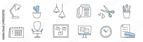Office supplies and stuff doodle icons. Cactus in pot, table and ceiling lamps, fax machine, scissors, pens or pencils, calendar, armchair, board with sticks, clock or stapler Line vector illustration