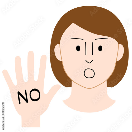 片手を前に突き出し「NO」の意思表示をする人のイラスト（白背景・ベクター・切り抜き）