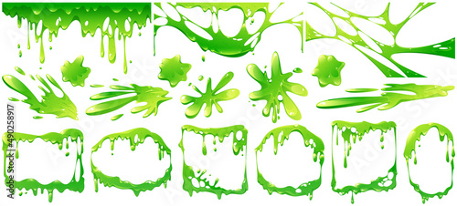 Liquid green slime splashes, border and frames from dripping poison goo. Vector cartoon set of fluid mucus drops and blobs. Illustration of sticky ooze splatters isolated on white background