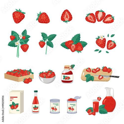 Set of red strawberries and product from it. Berries in box, bowl and on wooden board, jar of jam, packaging, bottle, glass and jug of juice, cans with fruits. Vector flat illustration