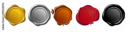 Seal wax 3d. Gold, silver, cooper, black and red Wax candle stamp. Realistic vector render design elements.