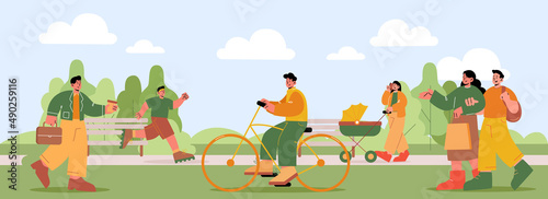 People walk with baby carriage  ride on bike and jogging in park. Vector flat illustration of summer landscape with man running  businessman in suit  couple with shop bag and man on bicycle