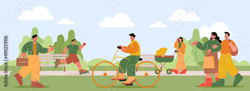People walk with baby carriage, ride on bike and jogging in park. Vector flat illustration of summer landscape with man running, businessman in suit, couple with shop bag and man on bicycle
