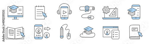 Online education in school, college or university doodle icons. Vector outline signs of e-learning, distant training with book, graduation hat, certificate, computer and mobile phone
