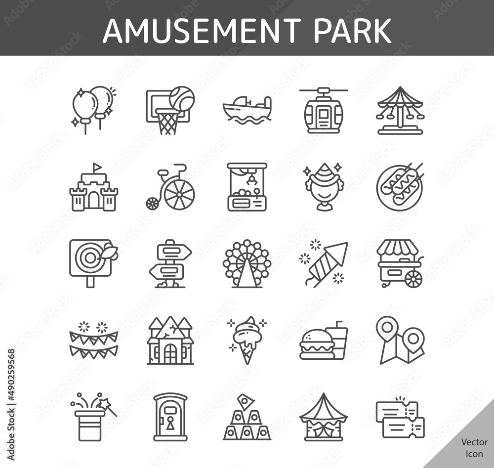 amusement park icon set, isolated outline icon in light background, perfect for website, blog, logo, graphic design, social media, UI, mobile app, EPS vector illustration