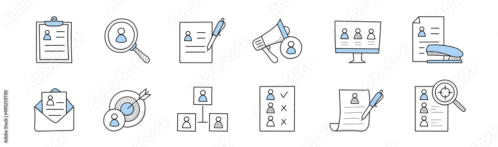 Hr doodle business icons, cv on clipboard, magnifier with candidate profile, pen filling resume, computer monitor with applicants, paper and stapler, envelope, network, Line art vector illustration Hr doodle business icons, cv on clipboard, magnifier with candidate profile, pen filling resume, computer monitor with applicants, paper and stapler, envelope, network, Line art vector illustration