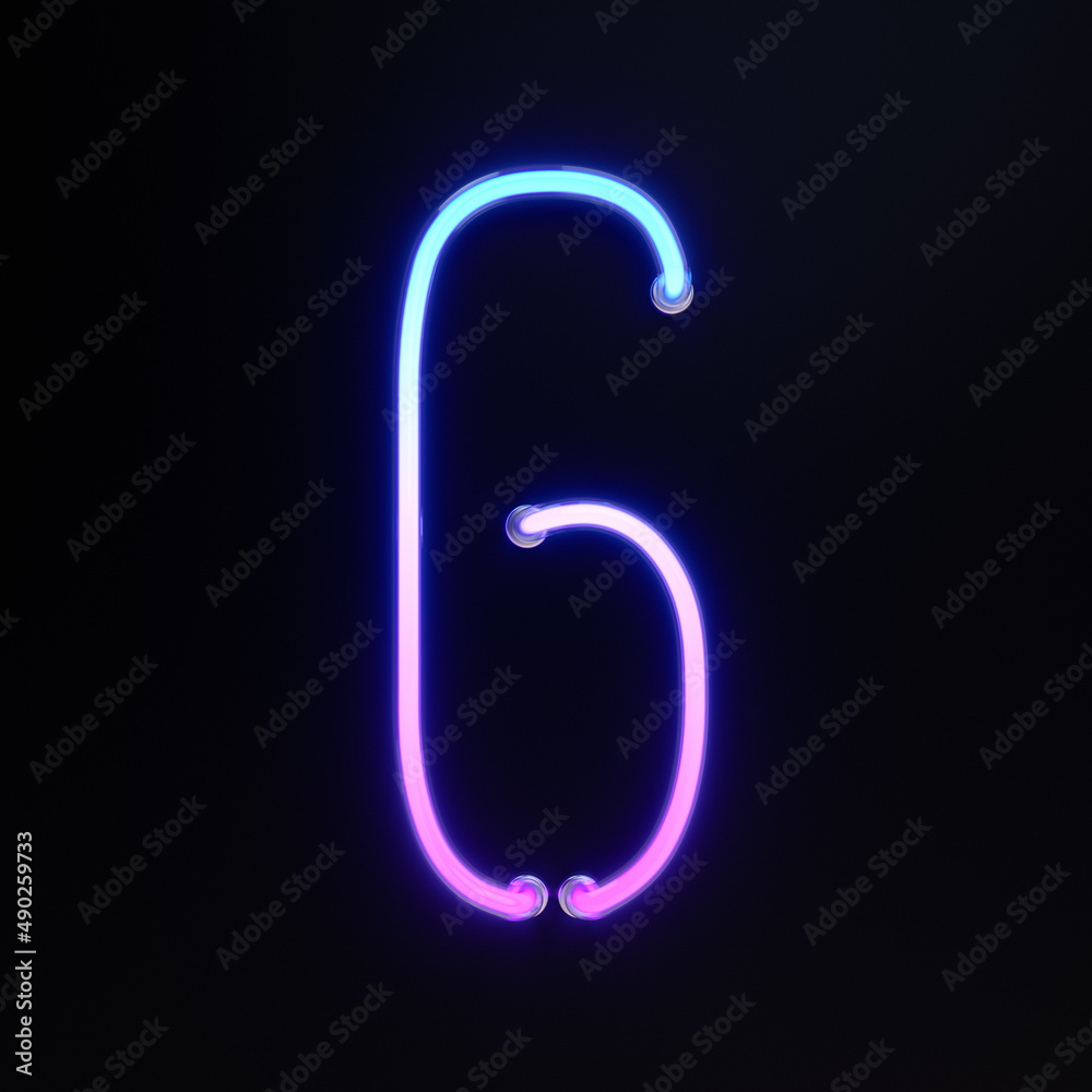 Number 6, Alphabet. Neon retro 3d number isolated on a black background. 3d illustration. Number 6, Alphabet. Neon retro 3d number isolated on a black background. 3d illustration.
