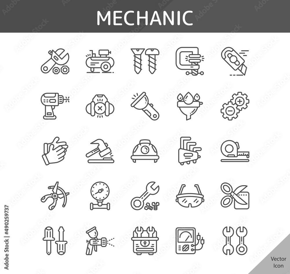 mechanic icon set, isolated outline icon in light background, perfect for website, blog, logo, graphic design, social media, UI, mobile app, EPS vector illustration