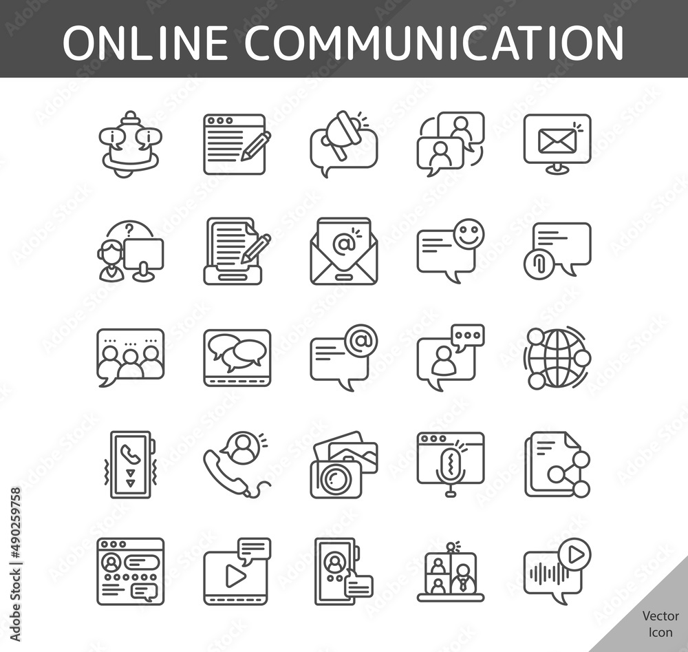 online communication icon set, isolated outline icon in light background, perfect for website, blog, logo, graphic design, social media, UI, mobile app, EPS vector illustration