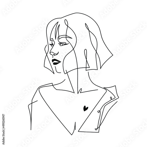 Silhouette of a women in a shirt with an open shoulder. Pretty and sexy young girl. Abstract minimalistic sketch in black continuous lines. Great for postcard, textiles, logo ,icon, avatar.	