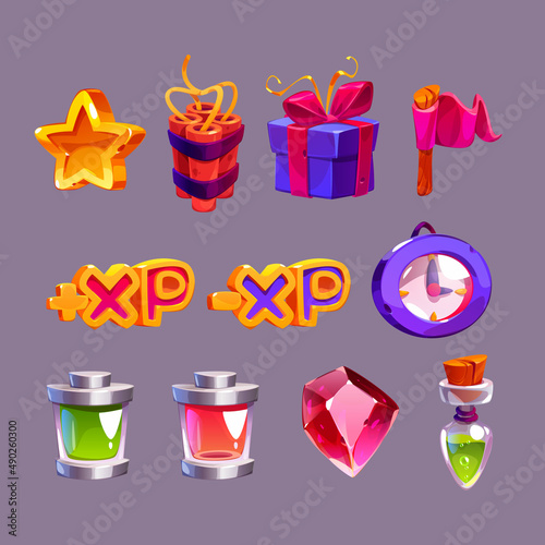Game icons, cartoon gold star, dynamite, gift box and red flag, xp, alarm clock, life bars, magic crystal and witch potion elements for pc game or mobile app user interface Vector illustration, set