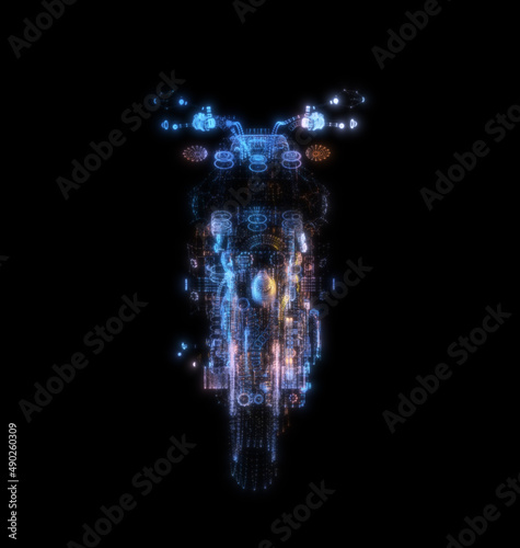 Abstract motorcycle consisting of glow points and lines. 3d illustration