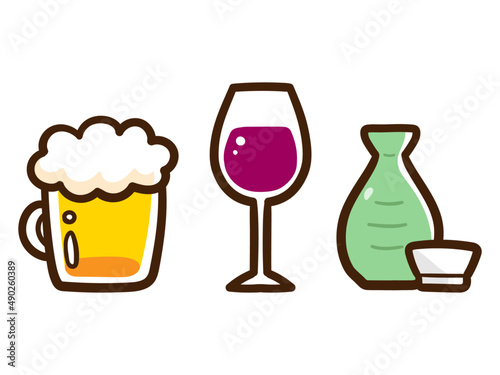 ビールとワインと日本酒のかわいい手書き風イラストセット
