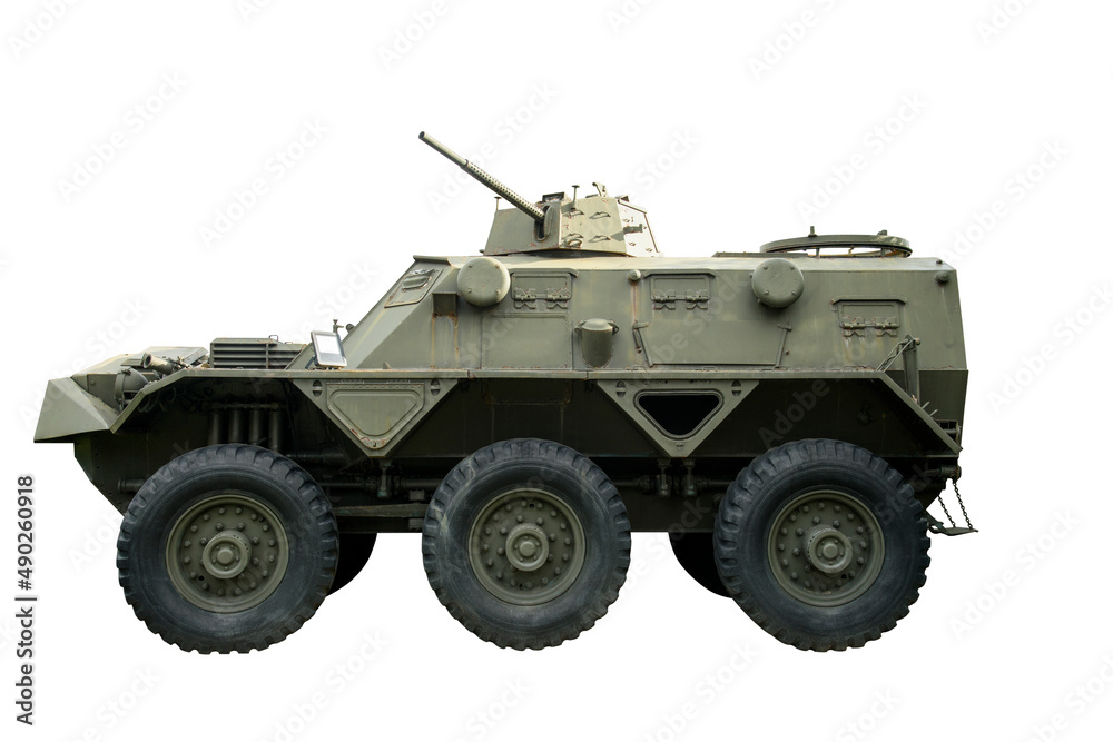 Old armored personnel carrier on a unified platform battle isolated on a white background. Old armored personnel carrier on a unified platform battle isolated on a white background.