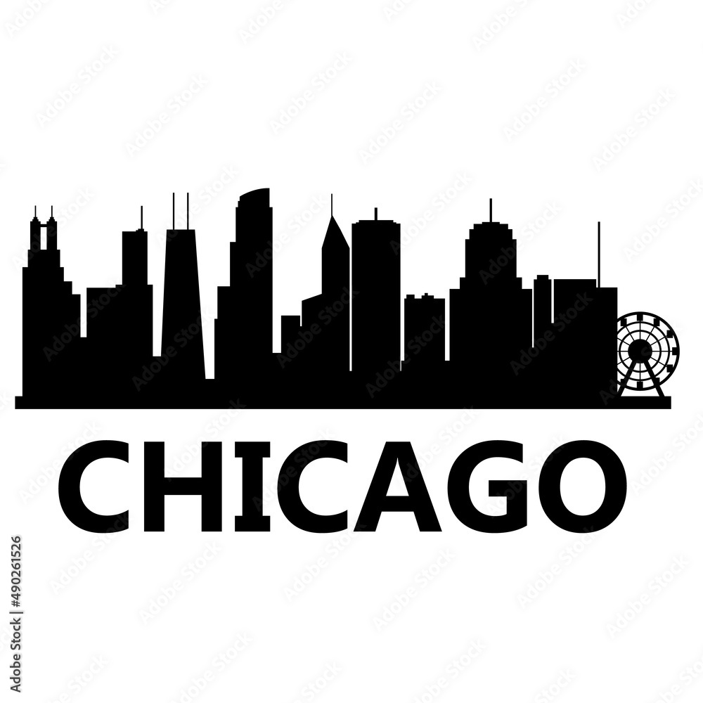 Chicago skyline cityscape on white background. Chicago city skyline horizontal. Chicago city, USA silhouette. flat style.