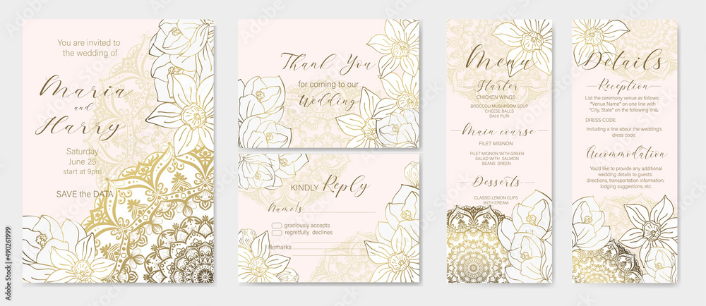 Set of wedding invitations with spring flowers and mandala. Gold outline of spring flowers on a pink background. Set of wedding invitations with spring flowers and mandala. Gold outline of spring flowers on a pink background.