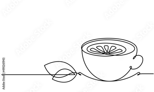 Cup of tea and lemon slice. Mint tea. Green tea. Vector sketch. Continuous line drawing. Hot drink aroma. Medical anti-virus drink