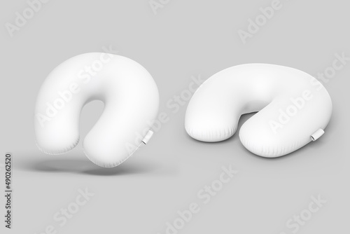 Blank white travel pillow for neck isolated on grey background. 3d rendering.