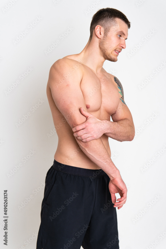 The elbow of the joint muscle in the male white background back hurt muscle, spine man massage medical, muscular Hold red care, lower suffer attractive The elbow of the joint muscle in the male white background back hurt muscle, spine man massage medical, muscular Hold red care, lower suffer attractive