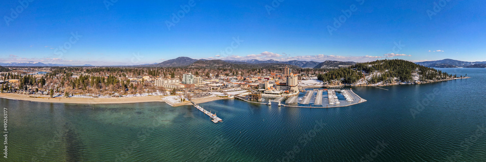 Panorama Cityscape View of Coeur d'Alene, ID and Lake Coeur d'Alene During Winter