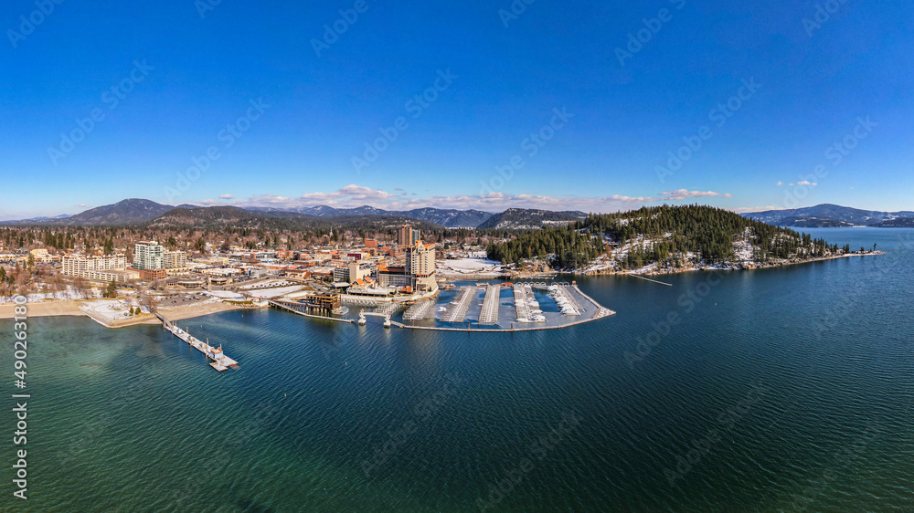 Wide-Angle Cityscape View of Coeur d'Alene, ID and Lake Coeur d'Alene During Winter