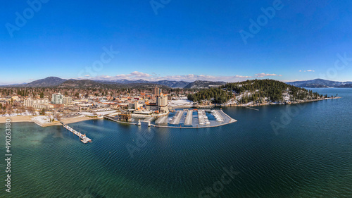 Wide-Angle Cityscape View of Coeur d'Alene, ID and Lake Coeur d'Alene During Winter