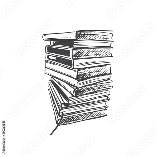 Stack of books sketch on a white background. Drawings engrave pile study book. Vector education stacked library. literature illustration.