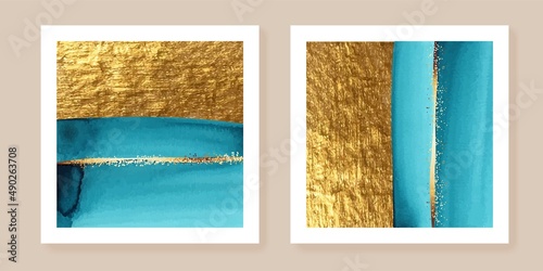 Blue, turquoise and gold watercolor wall art. Elegant, chic diptych with golden strokes.