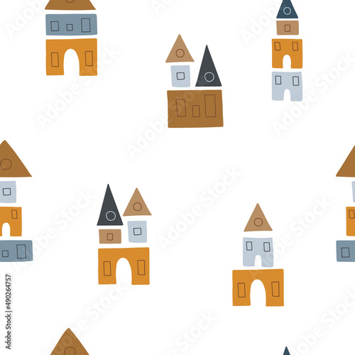 Pattern of cute houses made of children's toy blocks and multi-colored cubes on a white background. To decorate children's clothes and room