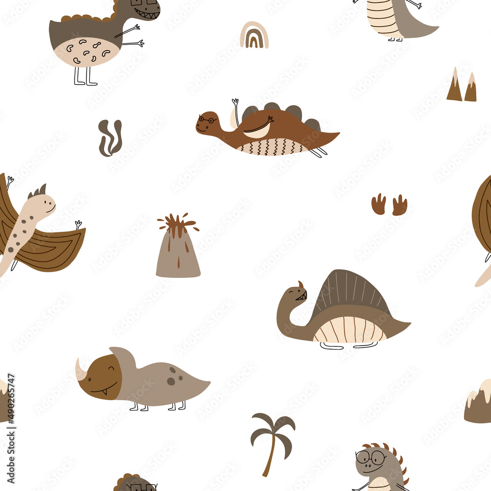 Vector hand drawn colored seamless repeat childish pattern with cute dinosaurs and nature elements in scandinavian style on white background. Children's pattern with dinosaurs. cute baby animal
