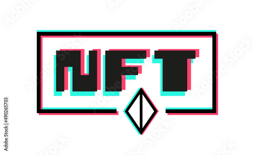 NFT Blockchain glitch type crypto banner vector design with pixel future cyber neon theme. Non Fungible Token background template.
