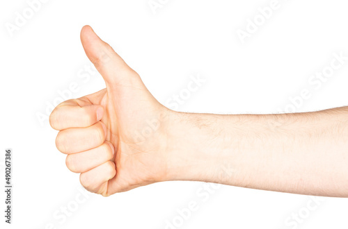Thumb up of man`s hand isolated on white background with clipping path