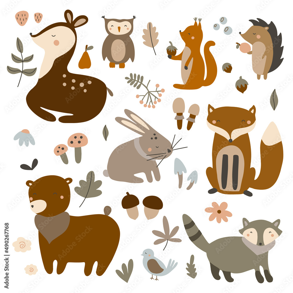 Obraz premium Set of cute forest animals: owl, squirrel, hare, bear, fox, raccoon, hedgehog, nightingale, deer and gifts of nature. Vector illustration isolated on white background in warm colors