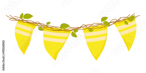 Blank banner, hanging flags, bunting with sticks and green leaves for spring, Easter, baby showers and sales, on transparent background, in cartoon style isolated on white background.