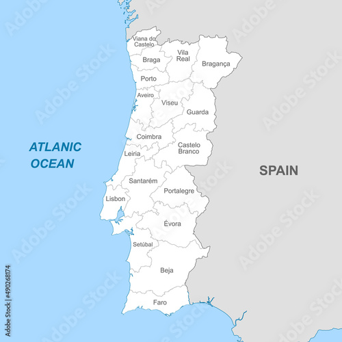 Political map of Portugal with borders with borders of regions
