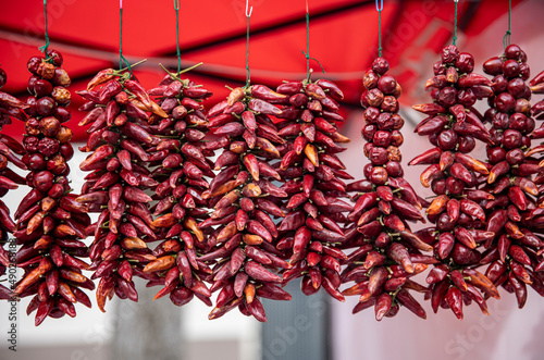 Bunch of dried chili peppers photo