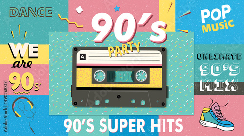Musical mix of the 90s. Fashionable. Retro style club. 90s party, 90s fashion, 90s background, 90s and 80s graphics, 90s style, pop music party 1990, vintage night. Easy editable Memphis poster design
